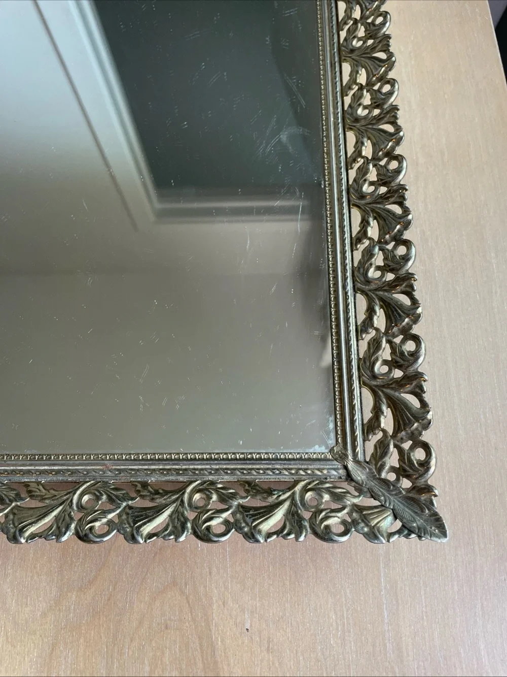 Vintage Brass Gold Filigree Vanity Mirror Tray 15x10” Standing Wall Decor